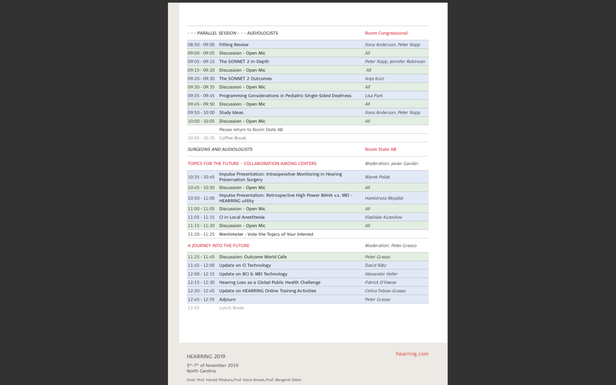 North Carolina Hearring events agenda